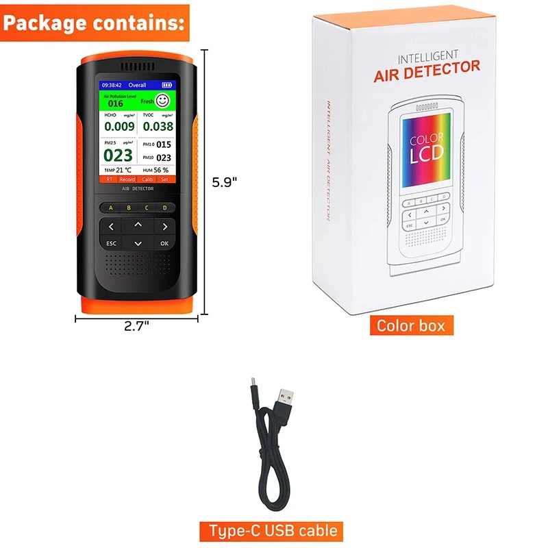 

Air Quality Monitor, Indoor Air Formaldehyde Detector, TVOC, PM2.5/PM1.0/PM10, Temperature and Humidity Data Monitoring