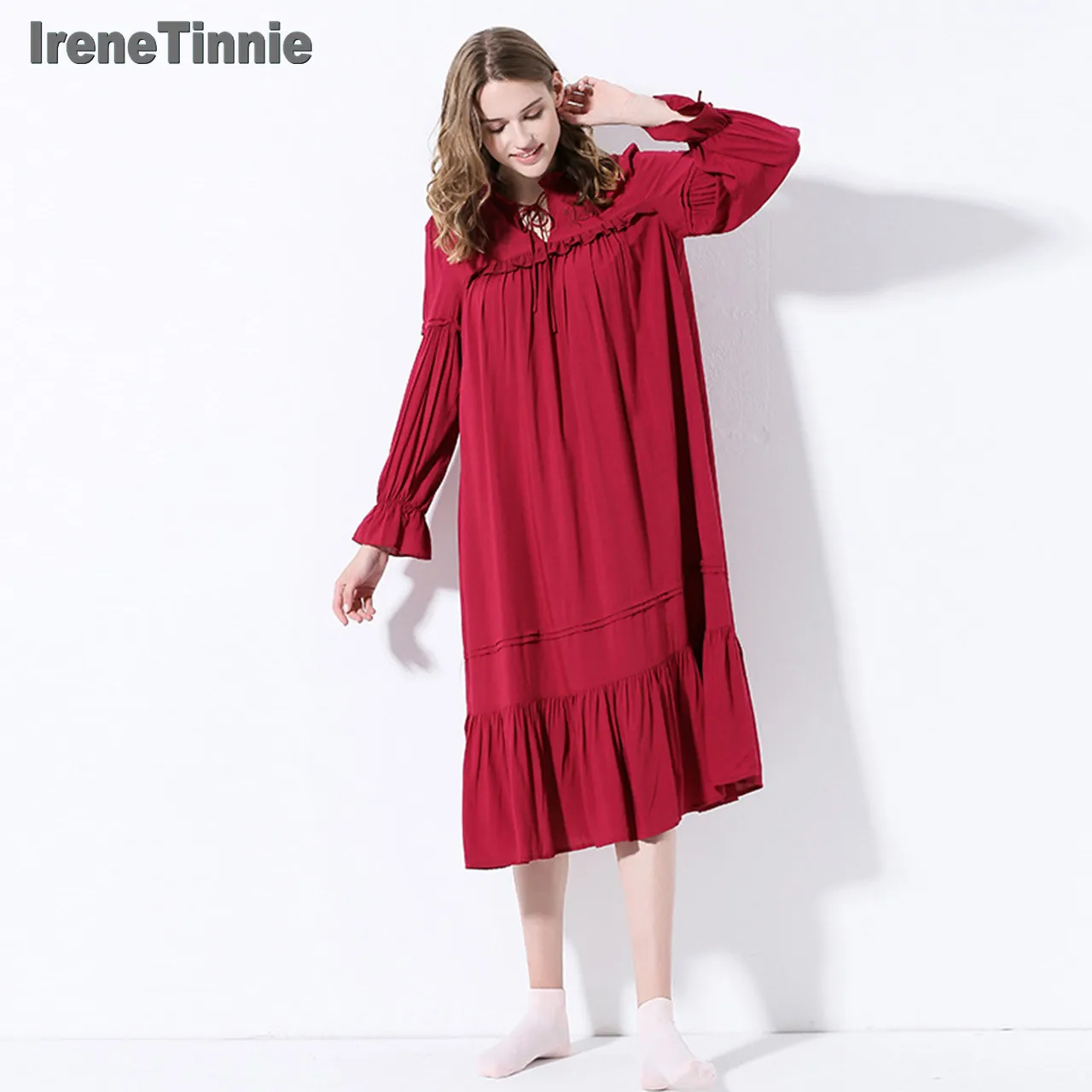 

Irene Tinnie Sexy Cotton Nightgowns Women Casual Long Sleeve Nightdress Princess Sleepwear Home Dress Red Long Nightwear