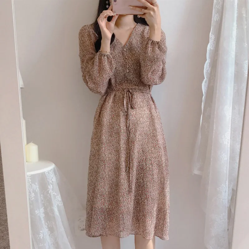 Женское шифоновое платье с V образным вырезом поясом и принтом|Женские платья| |