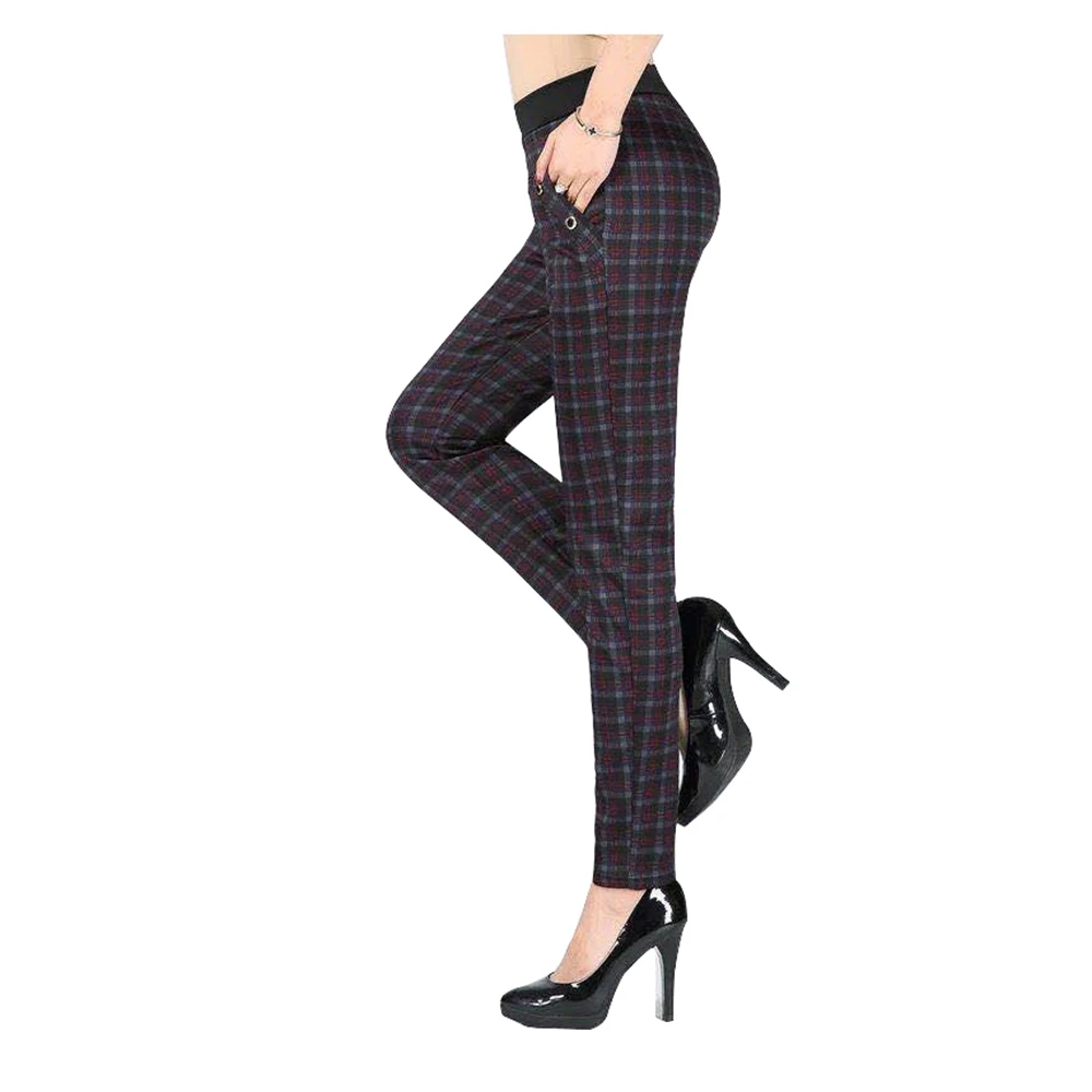 Red Plaid Зимние женские флисовые прямые брюки с подкладкой Модные клетчатые эластичные брюки с высокой талией для мамы длинные модные бархатные брюки - Цвет: Red Plaid