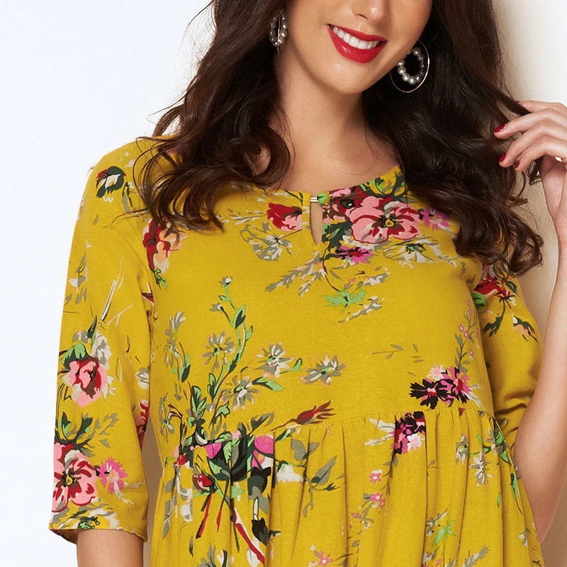 

Houthion Women's Dress Fashion Dresses Printing Cotton Summer Plus Size Casual High Waist Long New