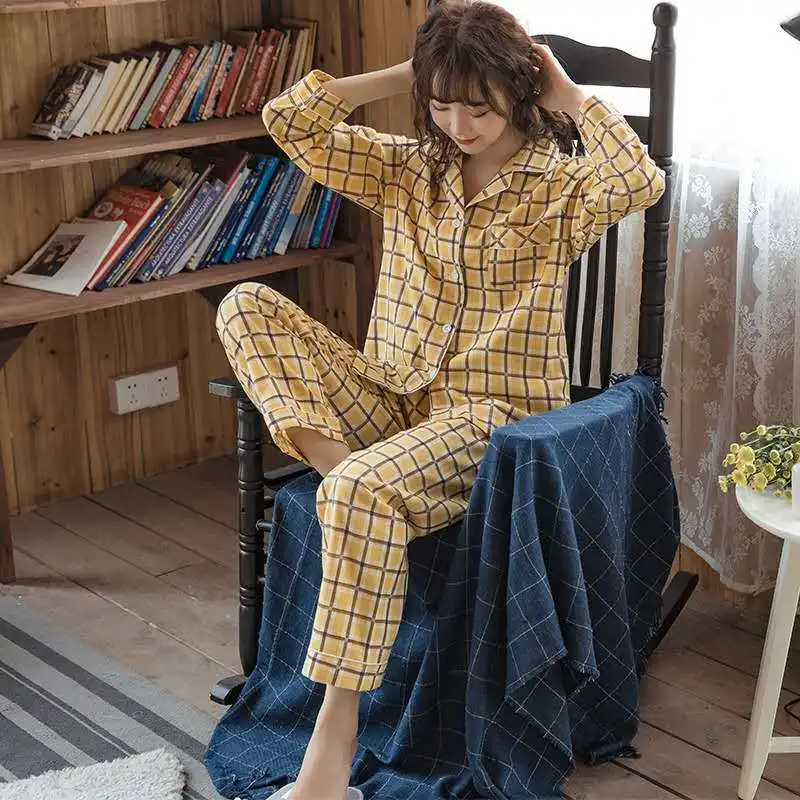 Long Sleeve Pajamas Autumn Trousers Suit Fashion Pyjama Set Large Size Nightwear Home Service House Nightdress Costume Outfit