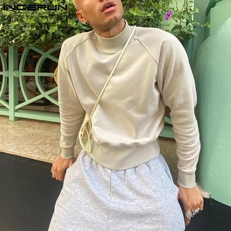 

Fashion Men Casual T Shirt Turtleneck Long Sleeve Streetwear Crop Tops 2021 Workout Patchwork Autumn Men Clothing 5XL INCERUN 7