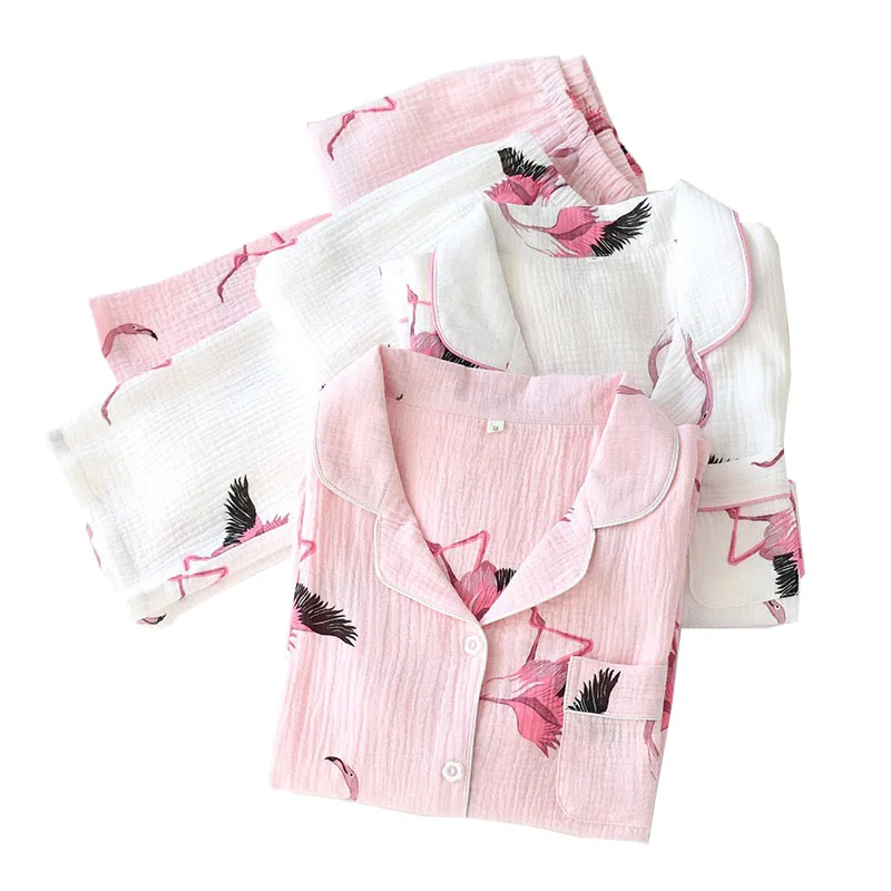 Пижамный комплект Женский с принтом фламинго комфортная марлевая хлопковая