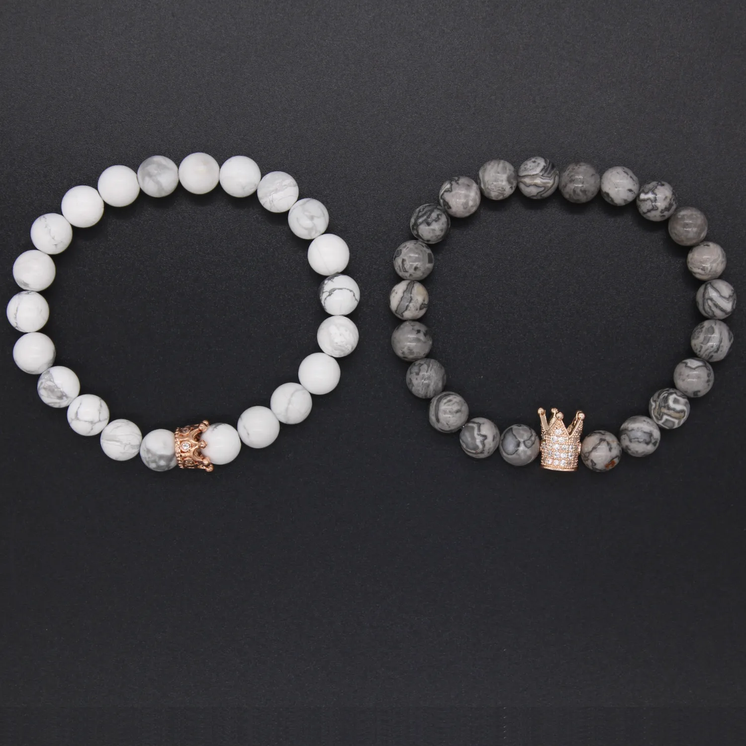 Браслеты Poahfeel его и ее 8 мм серые бусины с картой из камня Howlite браслет подвеской