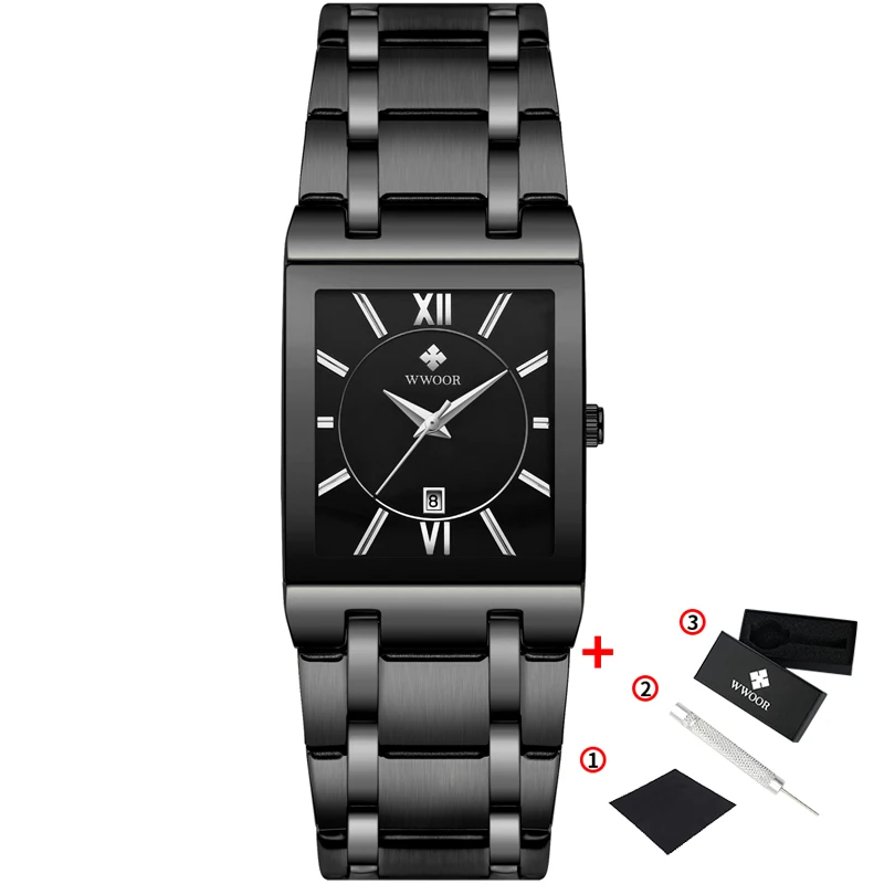 full black WWOOR Роскошные мужские часы, Золотые Квадратные кварцевые часы для мужчин, Лидирующий бренд, часы с датой, водонепроницаемый золотой браслет, деловые мужские наручные часы - Цвет: full black