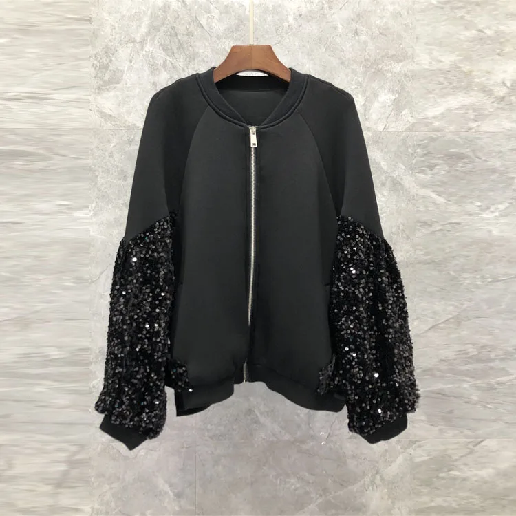 

Sequined Coat Jackets 2021 Autumn Winter Style Women Bow Deco Long Sleeve Casual Black Cotton Jackets Ladies Loose Coats Outwear