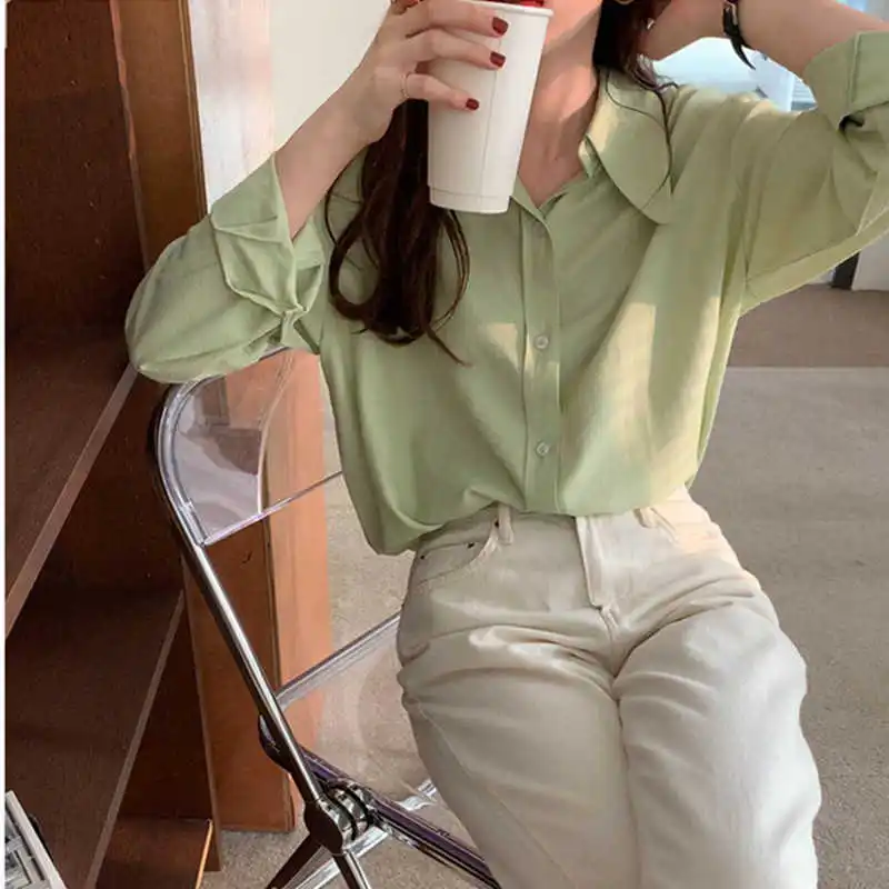 

6Colors 2021 spring autumn women's blouse Korean Chic style Soild Color shirt women outwear Long sleeve tops (X1848