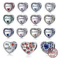 silver color month english multicolor heart shaped zircon beads fit original 3mm braceletbangle women fashion jewelry