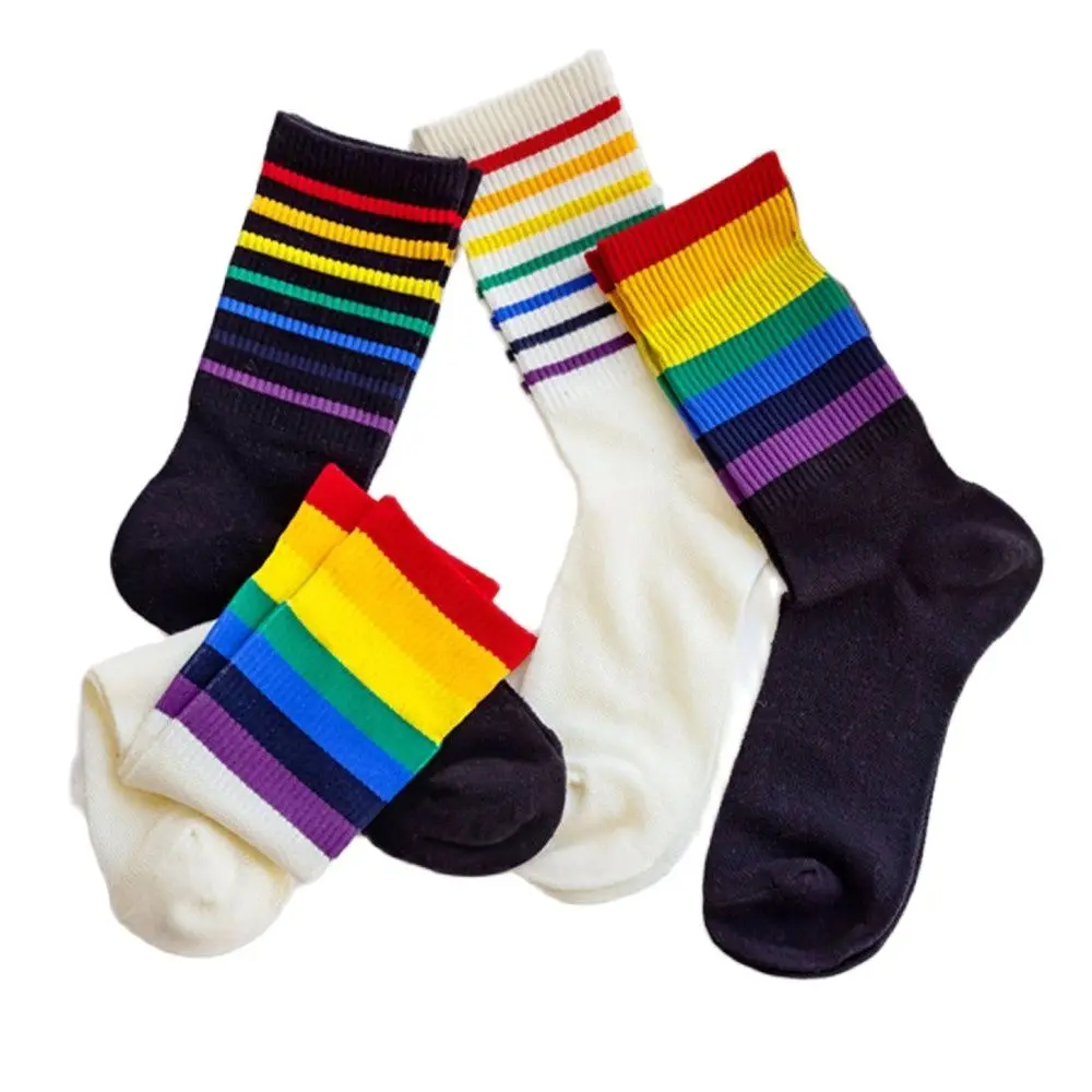 

2021 New Fashion Women's Socks Cotton Rainbow Stripes Classic Hollow Out Mesh Casual Tide Harajuku Funny Cute Pop Korean Socks