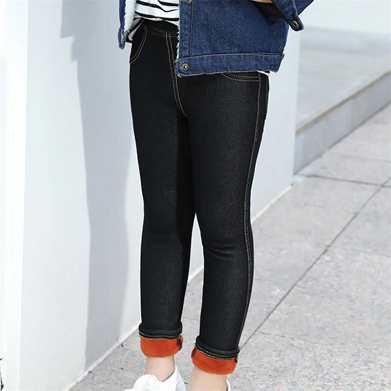 

2022 Children Pants Girls Plus Velvet Thick Jeans High Waist Warm Trousers Kids Leggings 4 to13Years Baby Clothes Pencil Pants