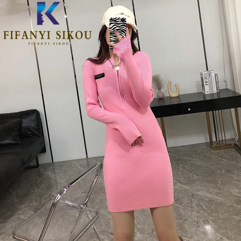 

Autumn Women Knitted Dress O-Neck Long Sleeve Fashion Zipper High Waist Midi Long Dress Ladies Sexy Slim Sweater Dresses