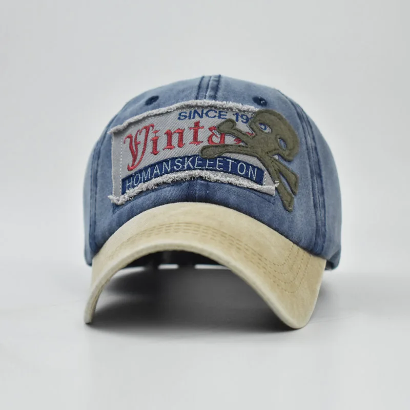 Новый стиль череп шляпа Потертая джинсовая ткань старый бейсболка с буквами для