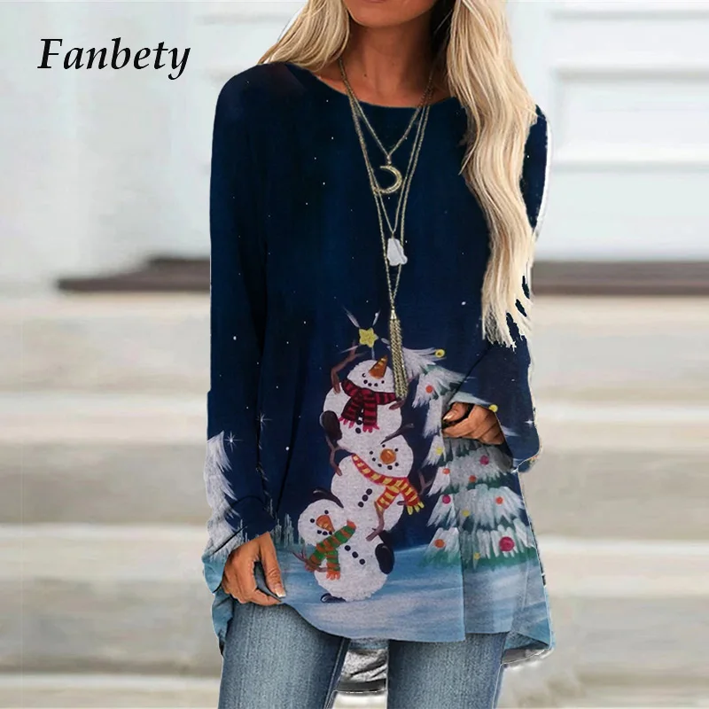 

Autumn Long Sleeve Christmas Print Ladies Blouses Women Vintage Landscape Pattern Pullover Tops Casual O Neck Female Shirt Blusa