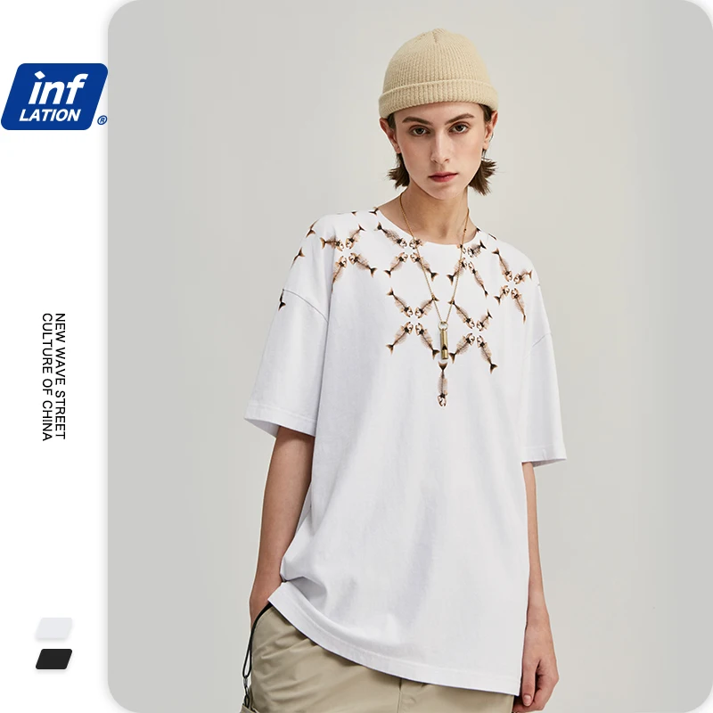 Мужская хлопковая футболка INFLATION Футболка большого размера с принтом рыбных