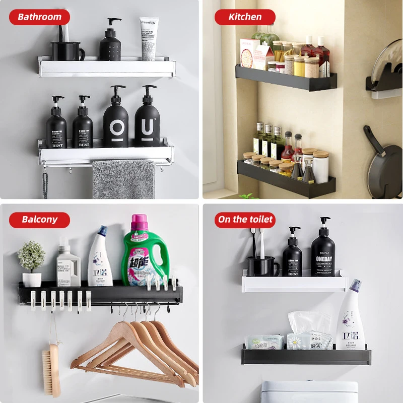 

Storage Rack Holder With Towel Rod Shelf Shower Shampoo Tray Stand No Drilling Shelf Organizer Bathroom Accessory Kitchen Rack