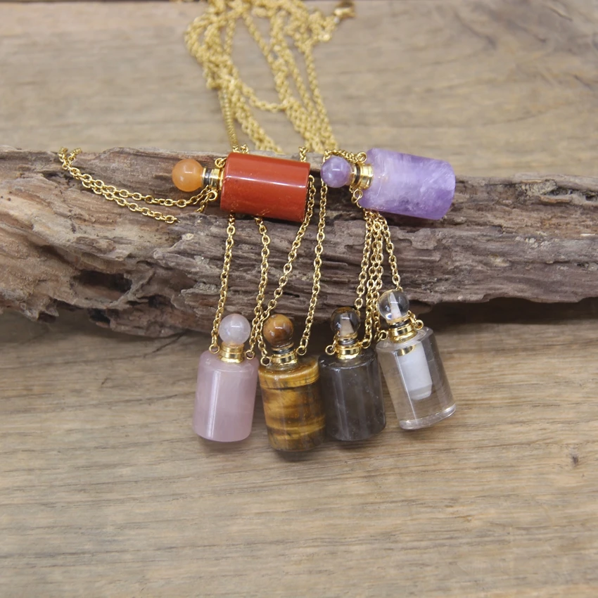 

Gold/Silver Necklace Cylinder Tiger eye Essential Oil Vial Pendant Amethysts Crystal Quartz Perfume Bottle Charms Jewelry QC1037