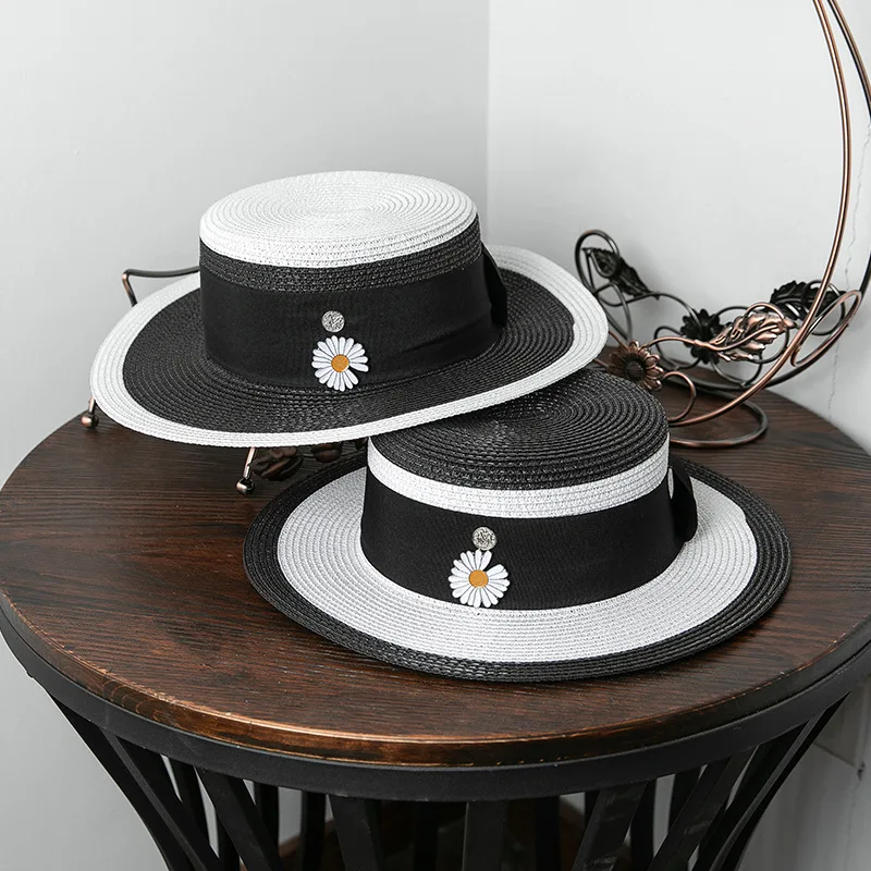 

Female Summer M Lletter Floral Outdoor Sunscreen Breathable Straw Woven Hat Women's Beach Travel Flat Top straw hat