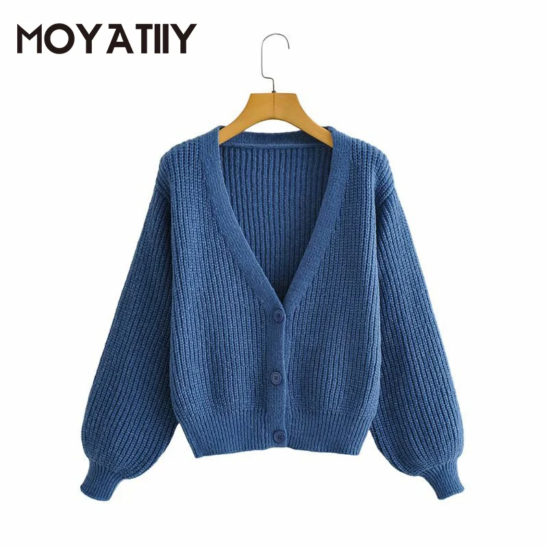 

MOYATIIY Fashion Women Autumn Winter Cardigan Sweater Elegant Navy Solid Thick Warm Cardigans Outwear with Button Female Tops