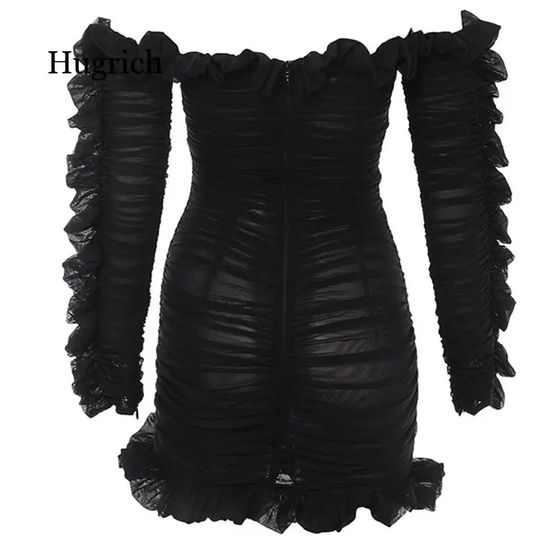 

New Summer Sexy Bodycon Women Dress Slash Neck Draped Black Mini Dress Vestidos Elegant Celebrity Party Dress Black Fashion