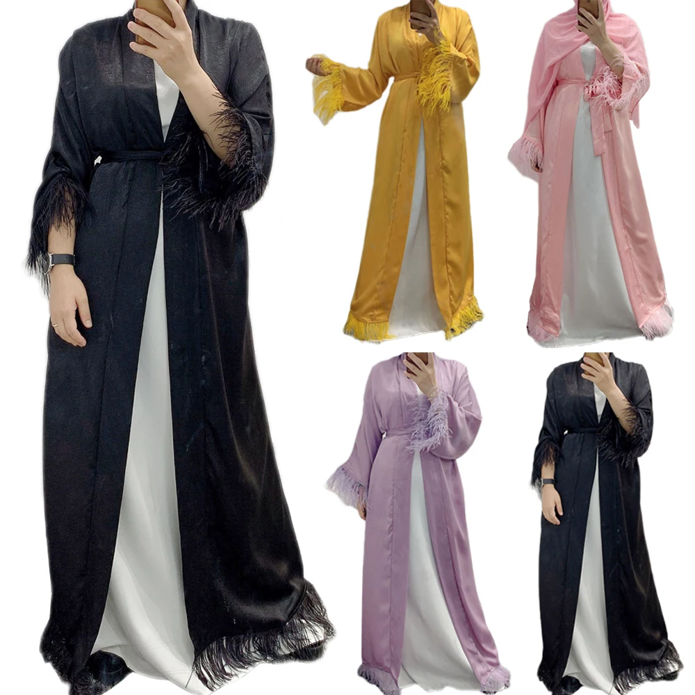 "Женское длинное платье с перьями, однотонное платье в арабском стиле"