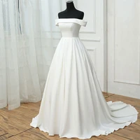 simple satin wedding dresses 2020 off shoulder a line lace up back sweep train bridal gowns plus size customize robe de mariee