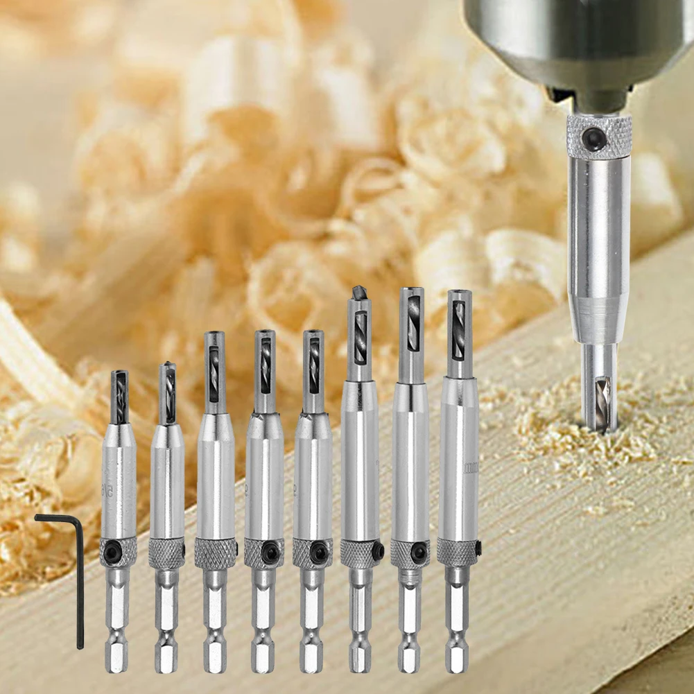 

8pcs Self Centering Drill Bits HSS Hinge Center Hexagon Drill Bits Door Cabinet Woodworking Positioning Hole Puncher Tool