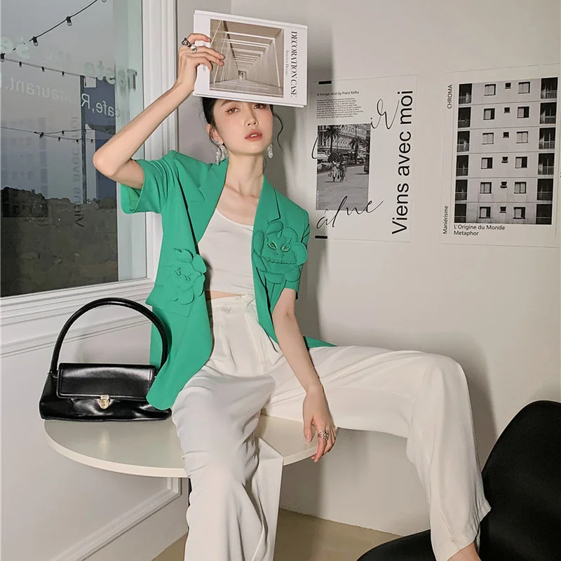 

Korejepo Women Blazer 2021 Summer New Retro Cute Three-dimensional Green Notched Short-sleeved Light Suit Single Button Jackets