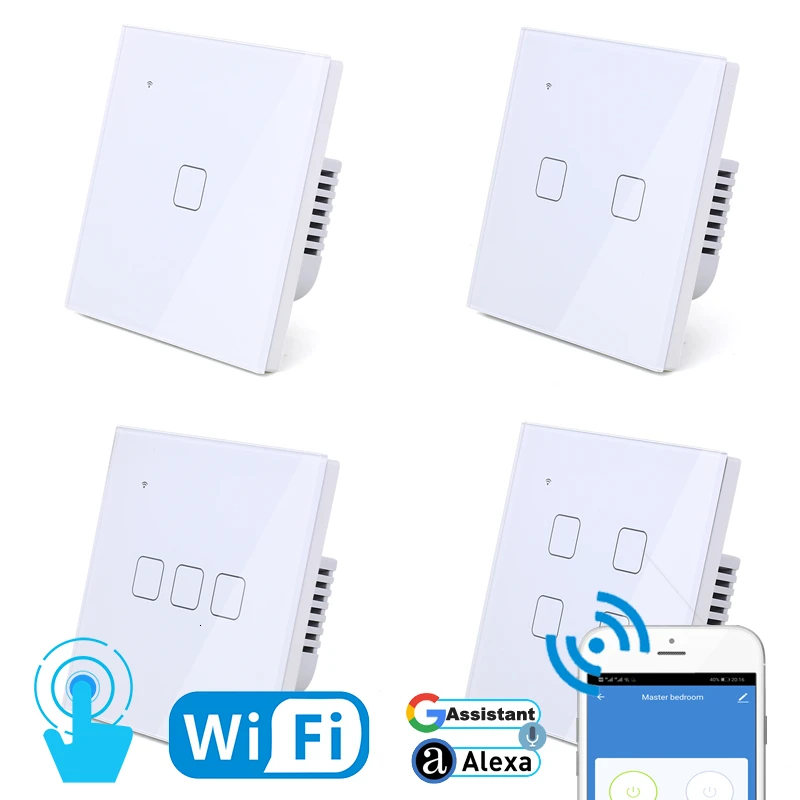 Настенный сенсорный светильник с Wi-Fi, белая стеклянная панель, синий светодиодный, для ЕС и Великобритании, универсальный, умный дом, управление телефоном, 2 комплекта, 2-позиционное, квадратное реле