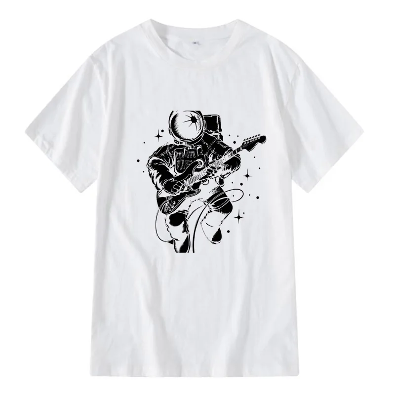 

MenTshirt O-neck T-shirt Men Men's Casual High Quality 100%Cotton Short Sleeve T-Shirt Funny Astronaut Plays Guitar Print