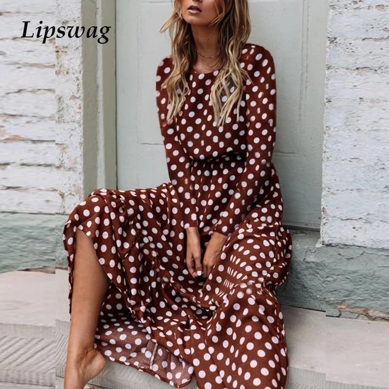 Lipswag женское платье макси в горошек с оборками Boho Осень-зима Повседневные