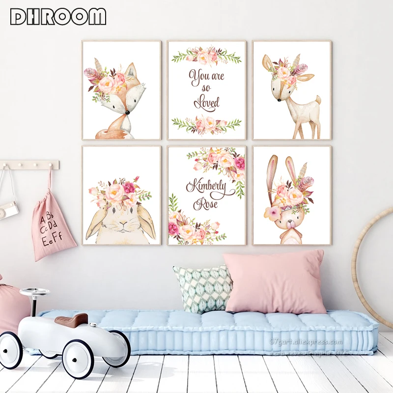 

Pink Flower Fox Bunny Canvas Wall Print Art Painting Nordic Nursery Quotes Poster Kids Child Bedroom Decoration Picture