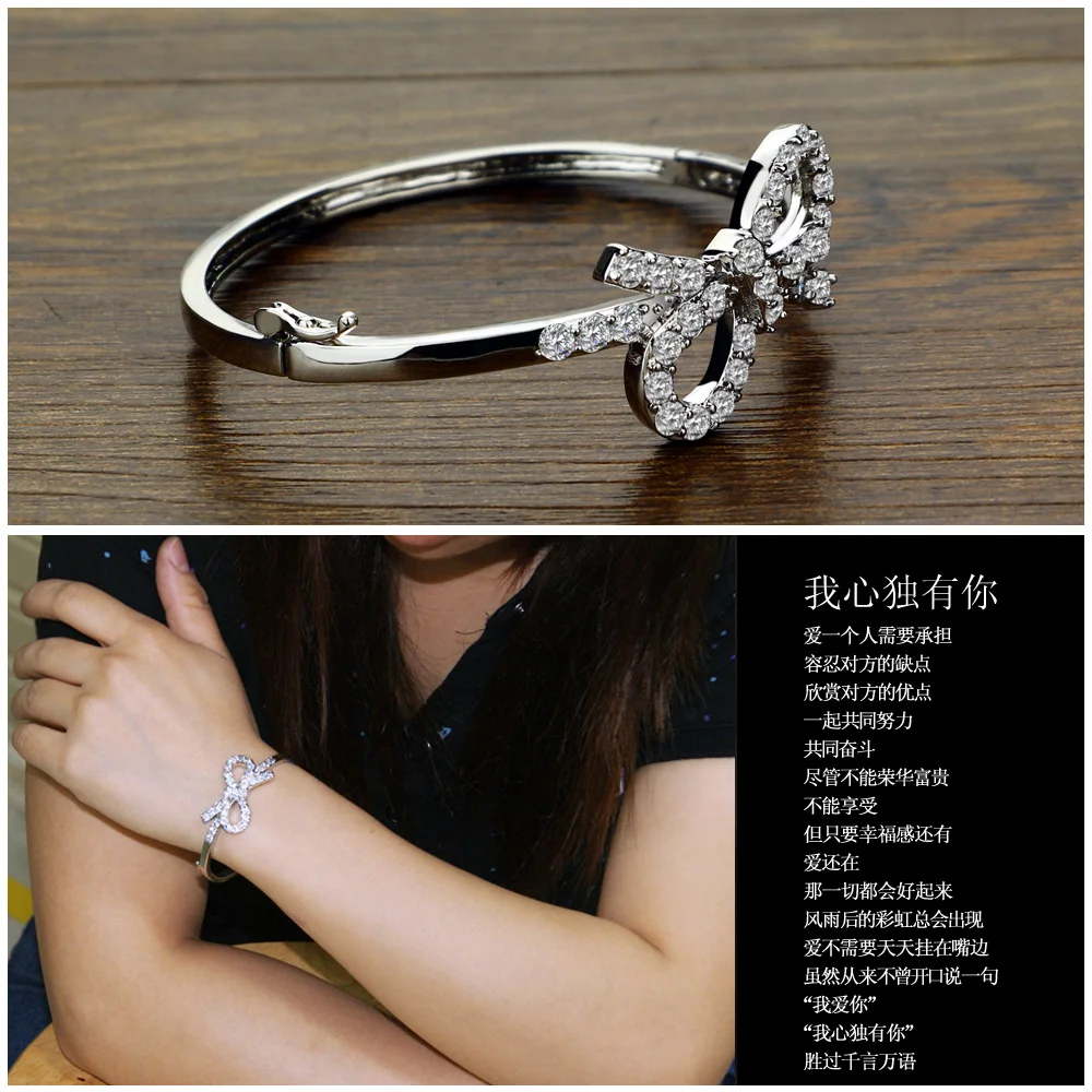 925 серебряный браслет для женщин Симпатичные Циркон инкрустация бант кулон