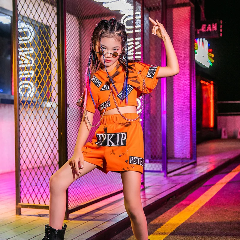 

2021 Kids Jazz Dance Orange Suit New Summer Short Style Hip Hop Clothing Girls Modern Street Dance Performance Costumes DQL5408