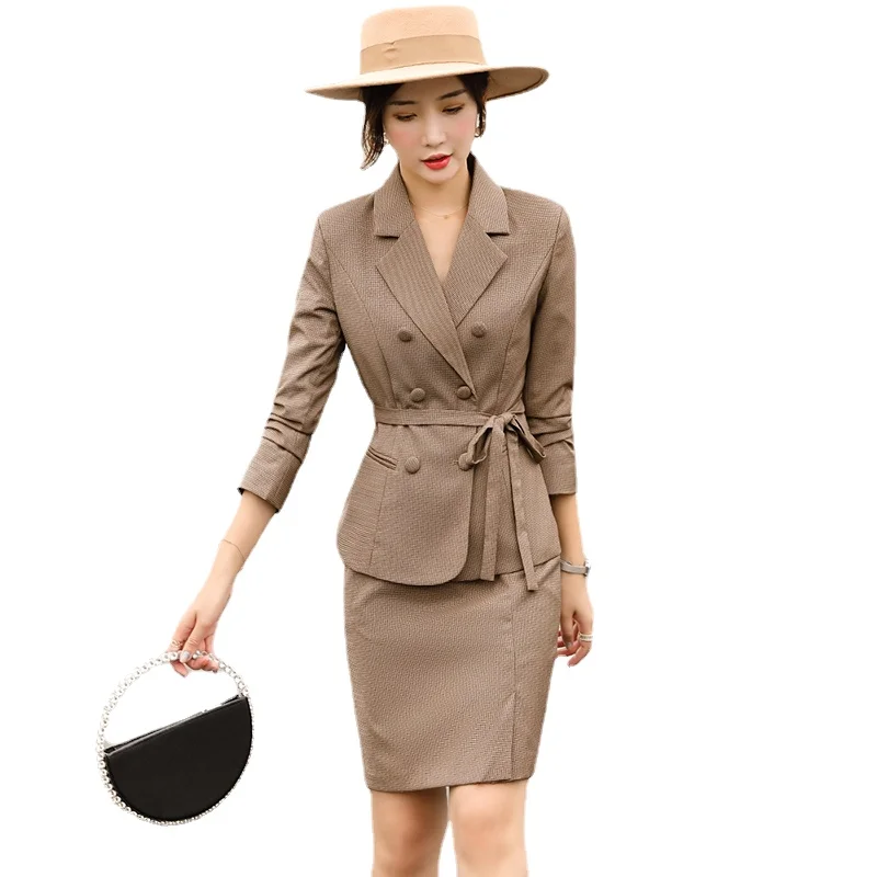 

Модные кофейные Синие Клетчатые костюмы с юбкой, Женский комплект из двух предметов с поясом, повседневный женский двубортный Блейзер, одеж...