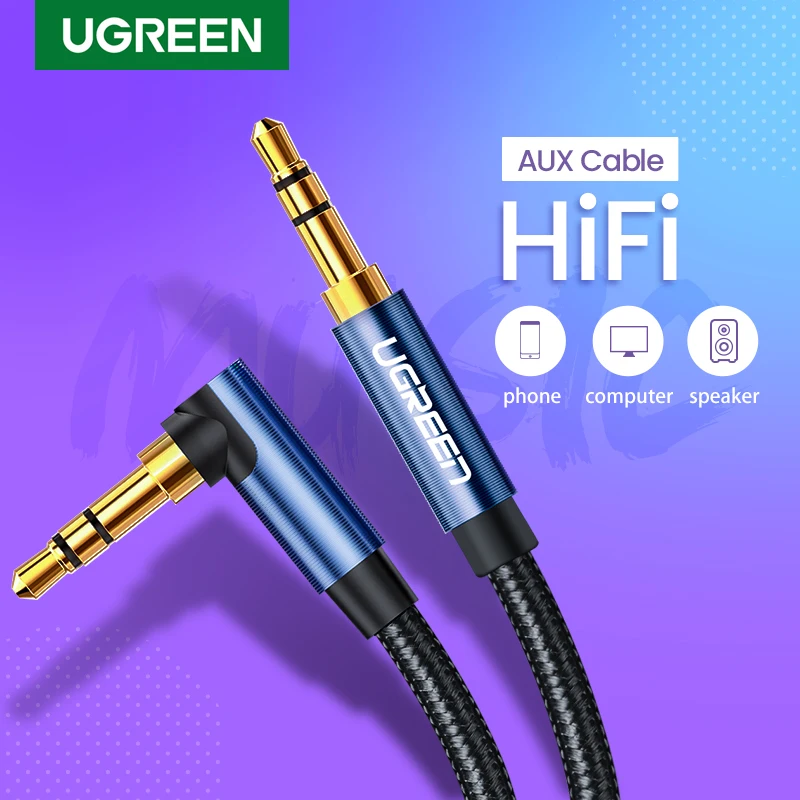 

UGREEN Aux Cable Audio Hi-Fi Stereo Male to Male 90 Degree Right Angle 3.5mm Speaker Universal Braided Auxiliary Audio Cord