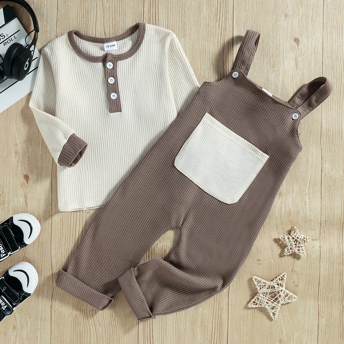 

Autumn 2Pcs Baby Boys Casual Long Pants Outfits Clothing Sets Long Sleeve Patchwork Tops Suspenders Front Pockets Long Pants Set