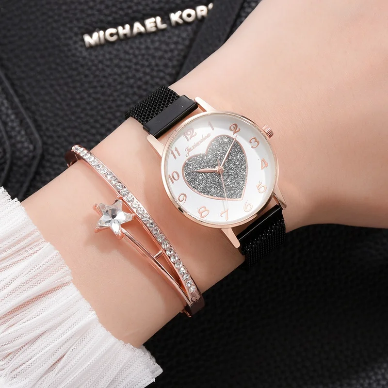 

2pc/set Luxury Brand Women Watches Love Magnet Watch Buckle Fashion Casual Female Wristwatch Roman Numeral Simple Bracelet