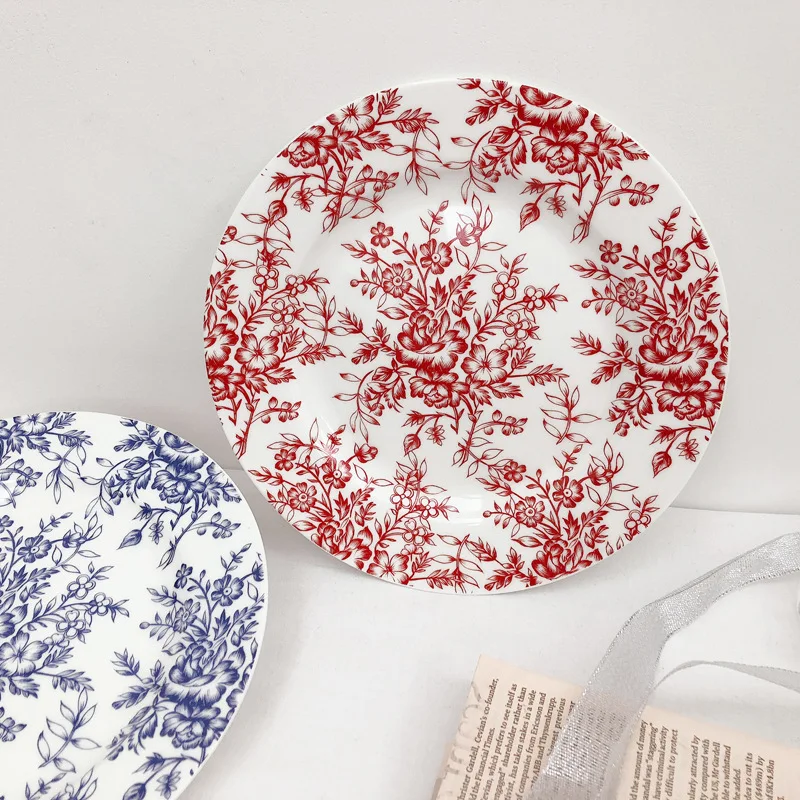 Тарелка керамическая в стиле ретро для еды блюдо с цветами и синими домашний