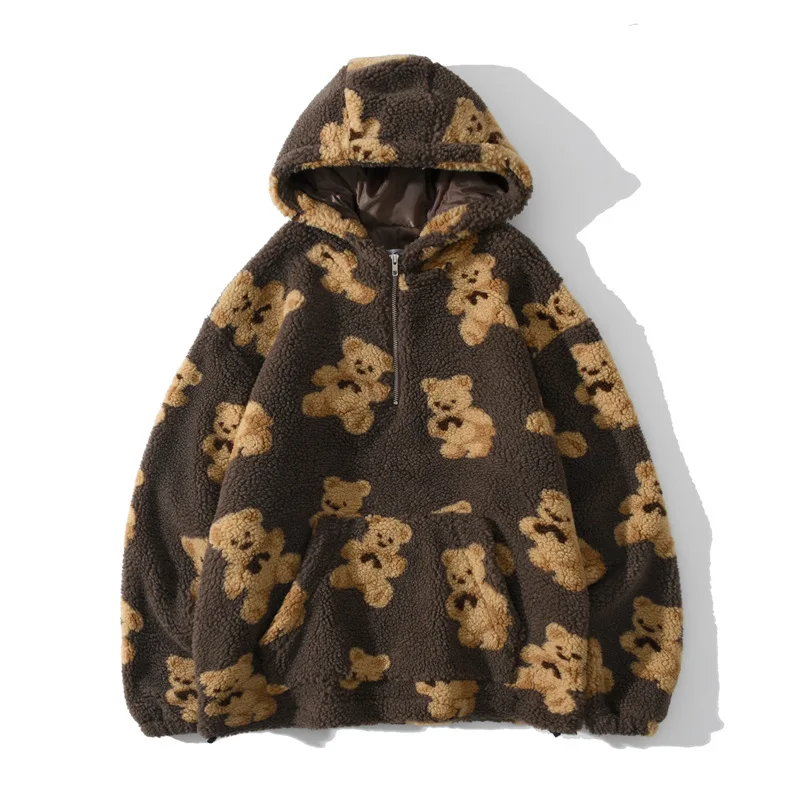 

New Harajuku Fleece Autumn Pullover Hoodies Winter Hooded Sweatshirts Casual Tops Bear Print Cotton Padded Coats Women Outwear