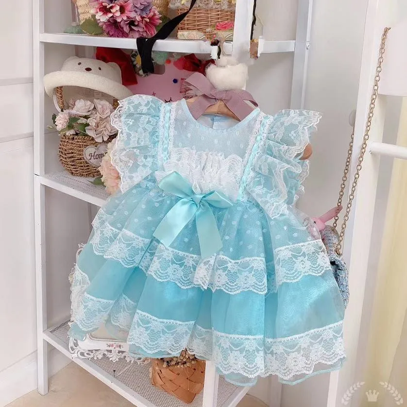 

2PCS Spanish Lolita princess dress Lace Stitching Sleeveless sweet cute ball gown birthday Easter dress for girls vestidos Y3101