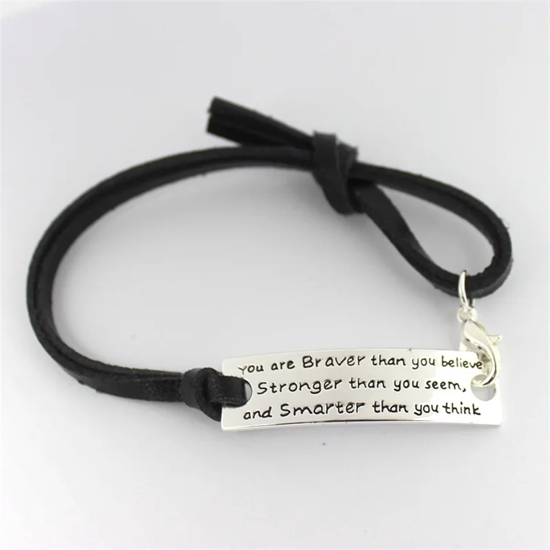 

12PC You Are Braver Than You Believe Stronger Than You Seem Bracelets Black Leather Rope Bangles Inspirational Friends Jewelry