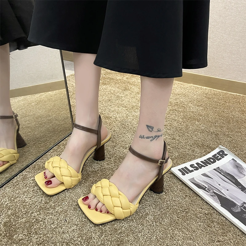 

Women High Heels Sandals 2021 Summer Fashion Weave White Yellow Sandalias Elegant Pumps Party Square Toe Round Heel Shoes Women