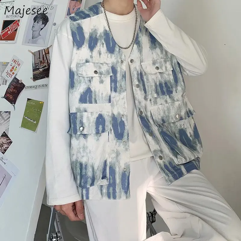 

Vests Men Tie Dye Multi-pockets High Street Outwear Harajuku Hip-hop Mens Retro Casual Cargo Jackets Loose Chic Vintage Fashion