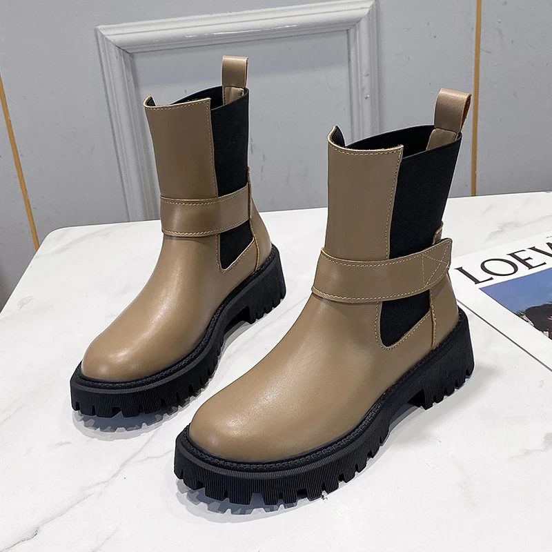 

Fashion Buckle Thick-soled Chelsea Boots Women 2022autumn Round Head Ankle Boots Women PU Leather Casual Short Boots Women Shoes