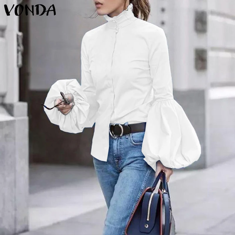 

VONDA Stylish Tops Women Blouse 2022 Casual Long Lantern Sleeve Solid Color Elegant Tops Tunic Buttons Vintage Party Blusas