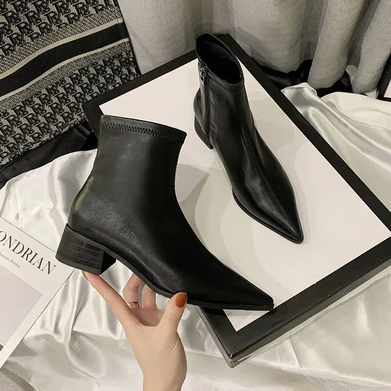 2021 Summer Spot Women's Viscose Shoes Low Tube One Size Pointed Chelsea Boots Skin Color short Boots Thick Heels