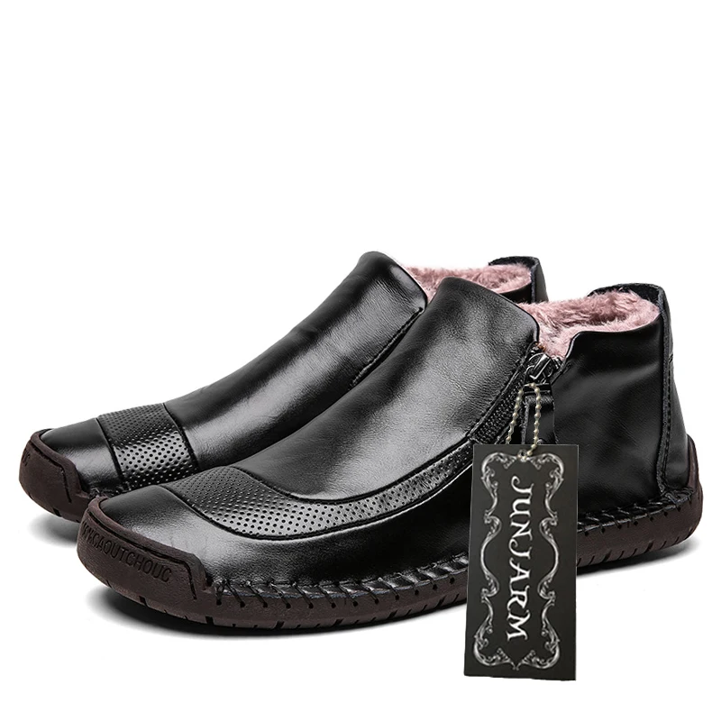 Мужские ботинки ручной работы JUNJARM черные кожаные ботильоны на молнии теплые