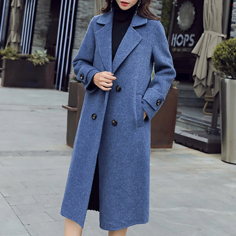 

Winter Solid Color Women Blends Coats Korean Style Double Breasted Lapel Wools Outwear Tamperament Female Long Overcoats