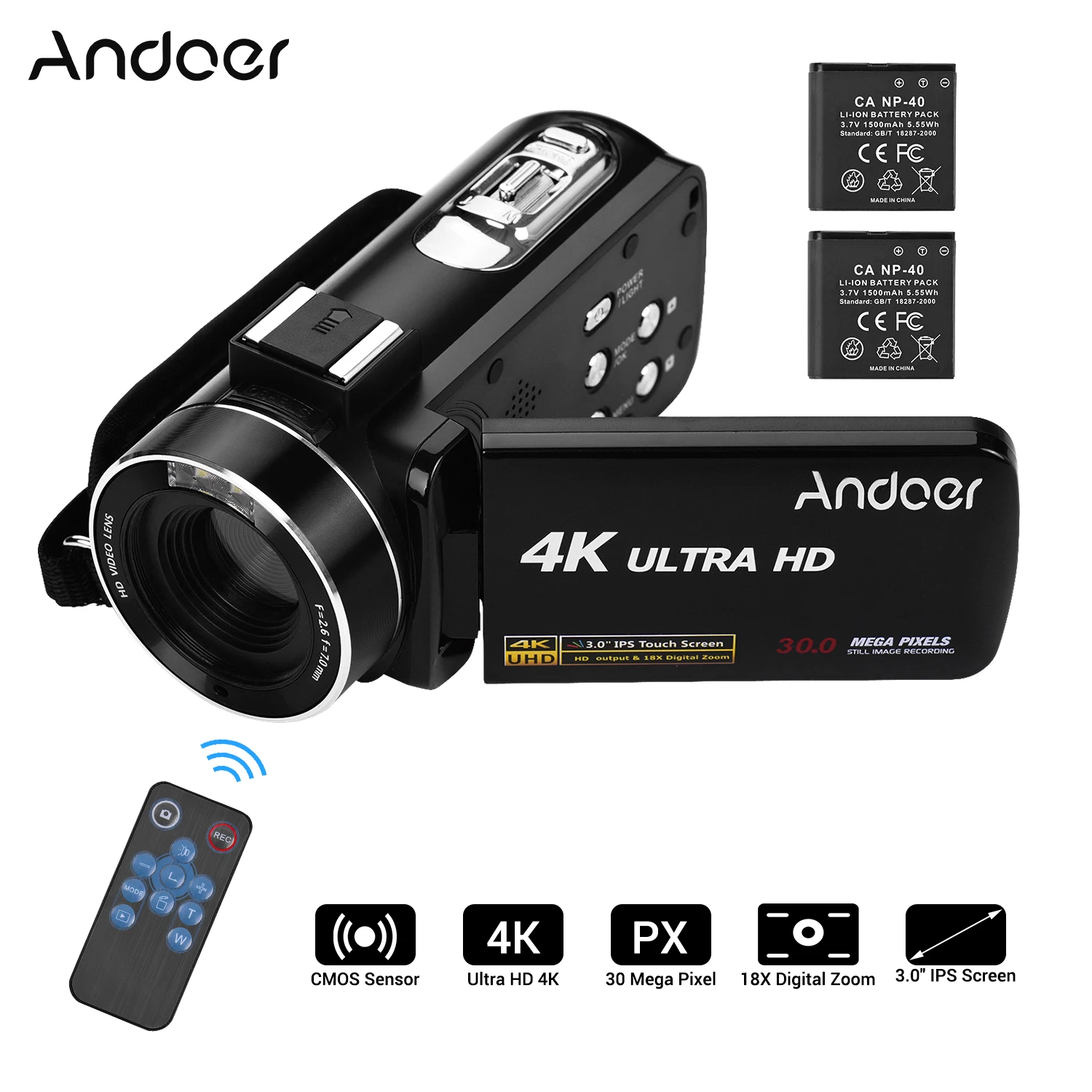

Andoer Digital Video Camera 4K Handheld DV Professional with Hot Shoe for Mounting Microphone 3 Inch IPS Monitor Anti-Shaking